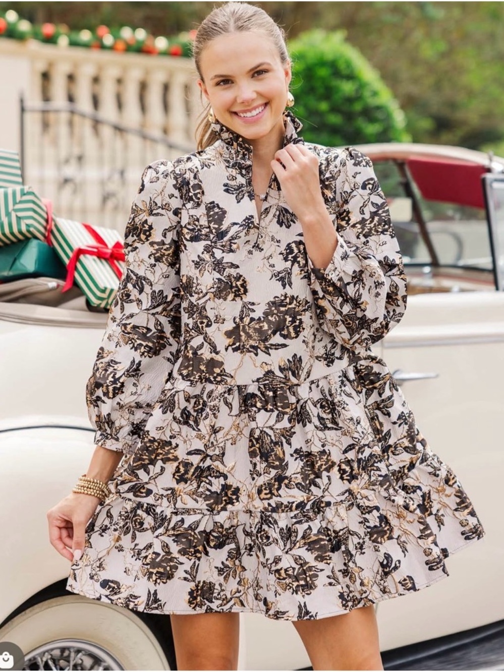 Floral Ruffle Mini Dress in Cream and Black